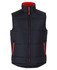 A black puffer vest with a red interior and zippers, featuring a high collar and side pockets.