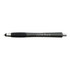 A black stylus pen with a textured grip and a silver clip, featuring a logo on its barrel.