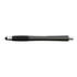 A stylus pen in a sleek black design with a textured grip and silver accents. It features a branding logo.