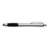 A silver stylus pen with a black grip and a clip, featuring a logo on its side.