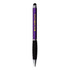 A purple stylus pen with a black grip and a logo on its side. Ideal for writing and touchscreen use.