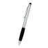 A stylus pen with a silver body and black grip, featuring a clip and a rounded tip for touchscreen use.