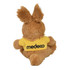 A soft, brown plush kangaroo with large ears and a yellow shirt featuring a logo on the back.
