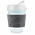A reusable coffee cup featuring a transparent body, a white flip lid, and a gray RPET band for grip.