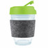A reusable coffee cup featuring a clear body, a green flip lid, and a gray RPET band for insulation.