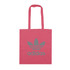 A pink tote bag with a grey logo and two handles. The bag features a simple, minimalist design.