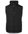 A black puffer vest with a high collar and zip closure, featuring padded sections and an internal lining.