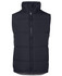 A dark navy puffer vest with a high collar and front zip. It features stitched panel detailing and a branding logo.