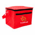 A red insulated cooler bag with a zipper and a front pocket featuring a logo.