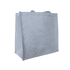 A grey jute tote bag featuring sturdy handles and a simple design, with a visible logo on the side.