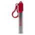 A red and clear case housing a stainless steel telescopic straw, with a keychain clip attached.