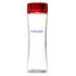 A drink bottle in clear plastic with a red lid, featuring a logo on the side.
