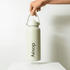 A drink bottle in a pale green colour, featuring a handle and a logo on the front.