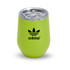 A green tumbler with a clear lid and a logo, designed for drinks, displaying a sleek, modern finish.