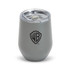 A drink mug in grey with a clear lid, featuring a logo on the side. Ideal for beverages.