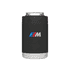 A black stubby cooler with a silver base, featuring a branded logo on the front.