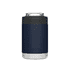 A navy blue stubby cooler made from stainless steel with a grey top. It features a logo on the surface.