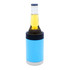 A drink bottle cooler in light blue with a black top, designed to hold stubby bottles securely.