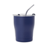 A drink bottle featuring a navy exterior, a clear lid, and a metal straw, designed for on-the-go use.
