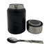 A drink bottle in black with a stainless steel lid, accompanied by a small inner container and a metal spoon.