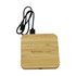 A bamboo wireless charging dock in natural wood finish, featuring a cable connected for charging, with a logo on the surface.