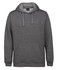 A grey hoodie featuring a front pocket and drawstring hood, with a logo on the chest area.