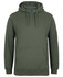 A green hoodie with a front pocket and drawstring hood, featuring a small logo on the chest.