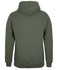 A green hoodie with a kangaroo pocket and a hood, featuring a logo on the back.