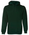 A dark green hoodie with a front pocket and an adjustable drawstring hood. There is a logo on the garment.