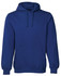 A blue hoodie featuring a front pocket and a drawstring hood, with a logo on the garment.