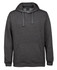 A grey hoodie with a front pocket and drawstring hood. It features a logo on the chest area.