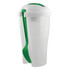 A white salad shaker with a green lid and a green fork attached to the side. It features a logo.