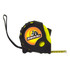 A tape measure featuring a black and yellow design with a logo. The tape is partially extended showing measurement markings.