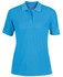 A blue ladies' polo shirt with a collar and buttons, featuring a logo on the front.
