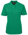 A green polo shirt for women featuring a collar and short sleeves, with a logo on the chest.
