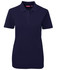 A navy blue ladies' polo shirt with a collar, short sleeves, and a logo on the chest.