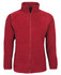 A red polar fleece jacket with a zip front, high collar, and side pockets. It features a logo on the chest.