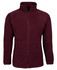 A burgundy polar fleece jacket with a full zip and two front pockets, featuring a logo on one side.