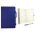 A navy blue recycled notebook with a textured cover, opened to reveal lined pages and a matching pen.