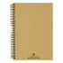 A recycled paper notebook with a brown cover and black spiral binding. The notebook features branding on the bottom.