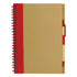 A recycled paper notebook with a brown cover, red binding, and a matching pen attached.