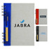 Recycled journal book with a grey cover and coloured spines, featuring a pen and a logo on the front.