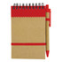 A recycled jotter pad with a brown cover, red binding, and a matching red pen attached.