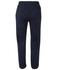 A pair of navy blue fleecy sweat pants with a relaxed fit and an elastic waistband. Features a back pocket and a logo.