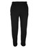 Black fleecy sweat pants with an elastic waistband and side pockets. Features a logo on the waistband.