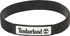 A black silicon wristband featuring a white logo and brand name in the centre.