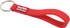 A red silicone keyring with a loop for easy attachment, featuring a branding logo.