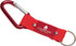 A red keyring with a metal carabiner and fabric strap, featuring a branded plate.