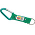 A green keyring with a carabiner and a fabric strap, featuring a logo on the strap.