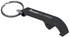 A drink bottle opener keyring in black with a keychain attachment and a logo.
